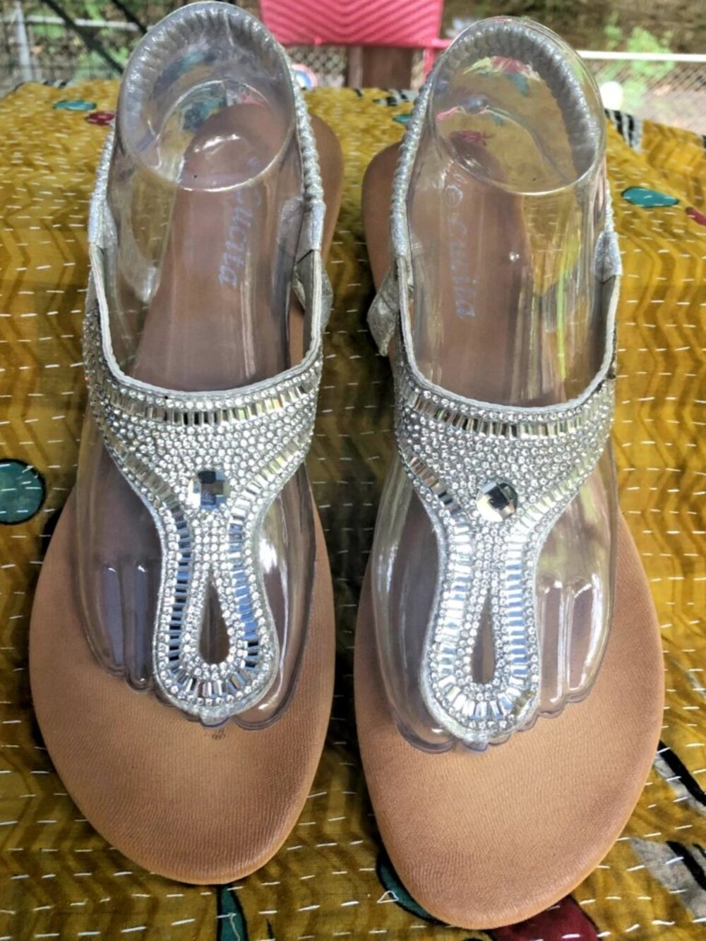 LUCITA Crystal T-strap Slingback Prom Wedding Flats, SILVER/CLEAR, Size 11 BLING
